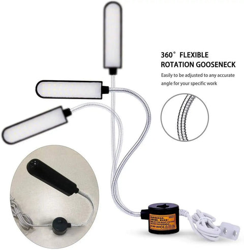 Magnetic LED Work Light 30LED 6W Gooseneck Lamp with flexible arms and magnetic base shown in black, for craft projects and garage use.