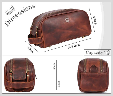 Leather Toiletry Bag For Men On The Go Grooming Travel Kit With Waterproof Lining Buffalo Leather Build Double Zipper Compartment