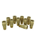 Box of 10 brass 3/8 Inch MNPT M Style Quick Change Couplers for air tools, handles up to 300 PSI, 40 SCFM, 250 F max temp, USA made