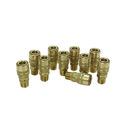 Box of 10 brass 3/8 Inch MNPT M Style Quick Change Couplers for air tools, handles up to 300 PSI, 40 SCFM, 250 F max temp, USA made