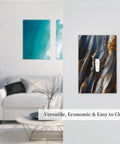 Top Tier One Gang Light Switch Cover With Gradient Abstract Ripple Blue And Gold Marble Print Hella Chic Decorative Wall Plate on wall near sofa.
