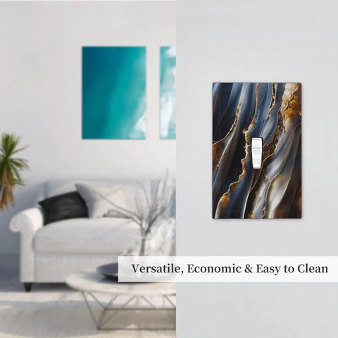 Top Tier One Gang Light Switch Cover With Gradient Abstract Ripple Blue And Gold Marble Print Hella Chic Decorative Wall Plate on wall near sofa.