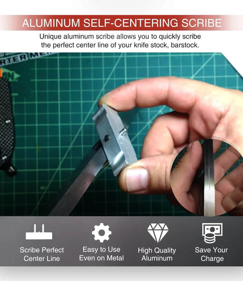 Aluminum self-centering scribe doweling jig, side view on a green cutting mat