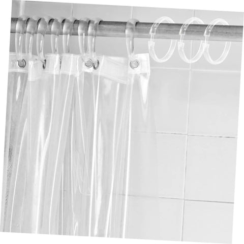24 Pack Transparent Shower Curtain Rings With Smooth Glide For Roman Rods Flexible Hanging Hooks in use on rod