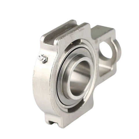Top Shelf SUCT207 304 Stainless Steel Vertical Outer Spherical Bearing With Deep Groove Ball Design, profile view, rugged build.