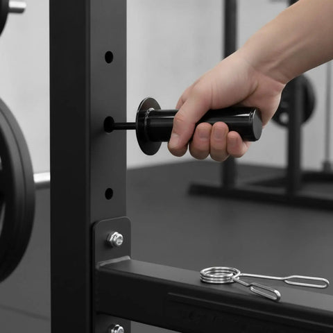 Heavy Duty Weight Stack Pin For Home Gym Selector fits smoothly into strength machines, held by a hand, 150mm black metal design.