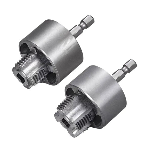 Heavy Duty Internal External Pipe Threader Die Set With Electric Drill Compatibility For 1/2 And 3/4 Inch Copper Stainless Steel Plumbing Jobs Fast Quick Threading Tool For Pros And DIYers showing two metal threading dies.