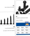 Image showing contents of 450 Piece Black PA Cross Head Round Self Tapping Screws Kit For Electronics And Furniture Repairs Miniature Screws Set Easy To Use Durable DIY Home And Pro Tools with varying screw sizes and packaging details.