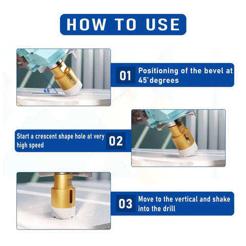 Rock Hard Diamond Tile Hole Saw Kit 15 Pieces With 5/8 Inch Thread For Drilling Granite Porcelain Ceramics And Stone Bathroom Upgrades, drilling at 45 degrees