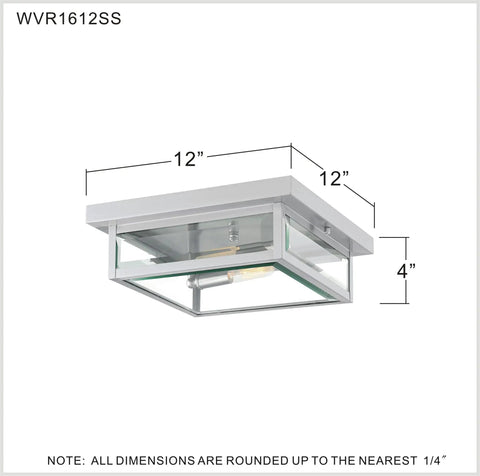 Westover Outdoor Exterior Flush Mount Ceiling Light With Clear Beveled Glass, 12x12x4 inches, Modern Industrial Stainless Steel