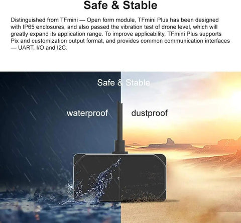 TFmini Plus LiDAR Sensor in rain showcasing waterproof and dustproof capabilities, high precision single point LiDAR sensor for drones and robots