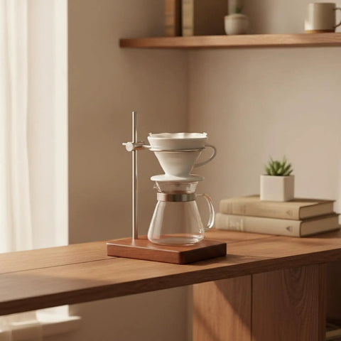 Premium Solid Wood Pour Over Stand with glass carafe and dripper on wooden counter, 6.5x4.9x8.7 inches, for coffee brewing.