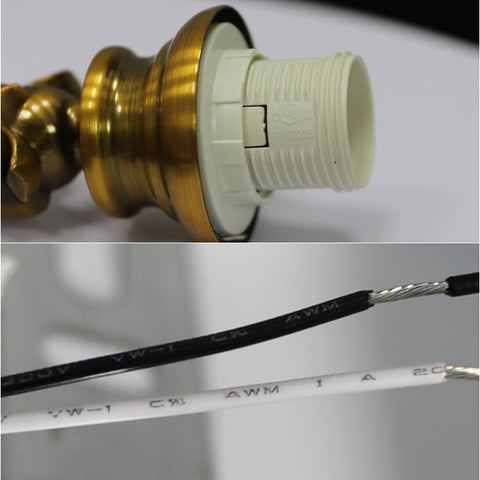 Close-up of wiring and brass finish details of Old-School Antique Brass Wall Sconce With Two Heads, Beveled Crystal Shade.