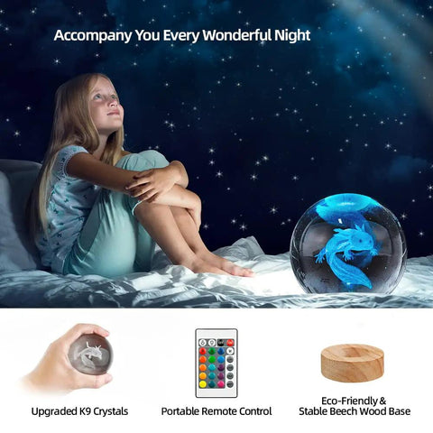 Girl sitting with Lit 3D Axolotl Crystal Ball Night Light With 16 Color LED And Wooden Base, depicting serene night scene.