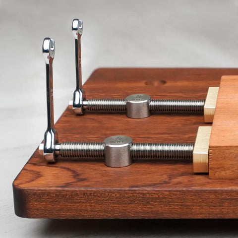 2 Pack Bench Dog Clamp With 4 Pack Bench Dogs, 3/4 Inch Adjustable Workbench Stop, Stainless Steel Brass, Dog Hole Clamp For Woodworking, Secure Any Size Or Shape Workpiece On Top Or Edge, Low Profile Design That Won't Interfere With Planing. clamps on wood workbench holding board