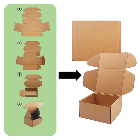 Rock Solid Brown Corrugated Shipping Boxes 6X5X3 Inches Bulk 28 Pack assembly process shown with sturdy cardboard mailers.