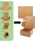 Heavy Duty 20 Pack Of 10X10X3 Inch Brown Corrugated Cardboard Shipping Boxes With Smooth Finish Edges displayed in assembly steps.