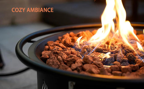 Outdoor Propane Fire Pit 22 Inch Smokeless Portable Fireplace With 12 Foot Hose And Lava Rocks For Patio Backyard Bonfire Camping RV Tailgating Beach Party 55000 BTU with cozy flames and lava rocks, creating a warm ambiance in outdoor setting.