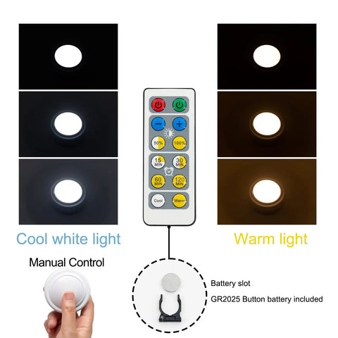 Two Pack Battery Operated LED Light Bulbs With Remote Control Dimmable Timer E26 Screw In Puck Lights display with remote and modes