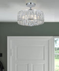 Crystal Drum Ceiling Light Fixture 13 Inch Flush Mount Chandelier With Chrome Finish Glam Crystal Beaded Ceiling Lamp installed in entryway