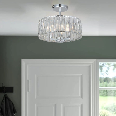 Crystal Drum Ceiling Light Fixture 13 Inch Flush Mount Chandelier With Chrome Finish Glam Crystal Beaded Ceiling Lamp installed in entryway