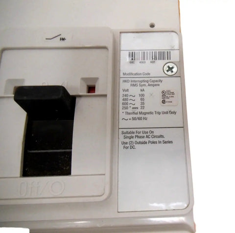 HKD3250 Molded Case Circuit Breaker Three Pole 250 Amp showing specifications for voltage and interrupt capacity.