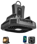 Portable Camping Fan With LED Lantern For Outdoor Adventures, 6000mAh battery, shown with light on and USB phone charging.