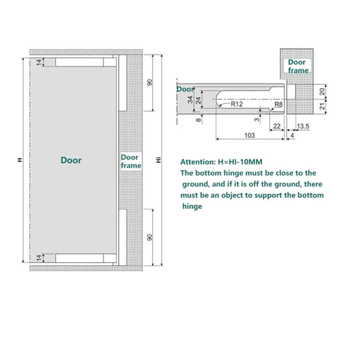Technical diagram of invisible concealed door hinge for home decor, slick quiet operation, one color, easy install, hidden cabinet and door hinge, sleek modern look, durable steel mounting, smooth close for cabinets and furniture.