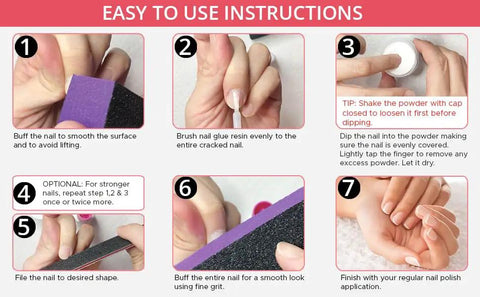 Ultimate Nail Savior Repair Kit For Broken And Cracked Tips with step-by-step instructions for nail repair using glue and powder.