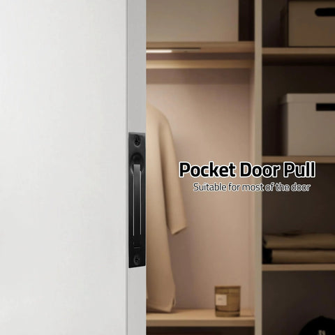 Two Pack Recessed Pocket Door Edge Pull Handles in matte black on a sliding door made from 304 stainless steel for flush mount installation