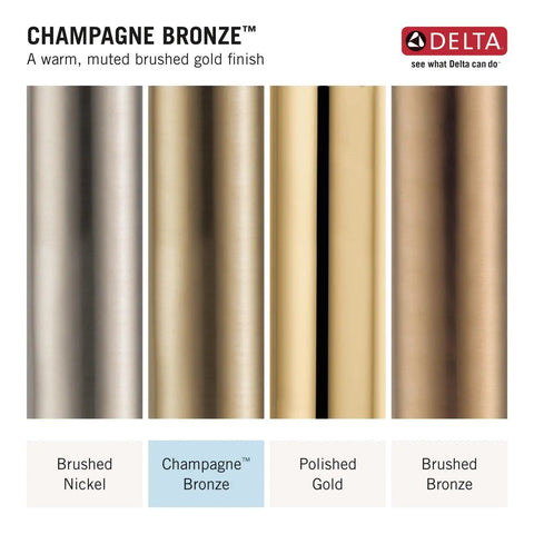 Champagne Bronze™ finish options displayed, including brushed nickel, Champagne Bronze™, polished gold, and brushed bronze.