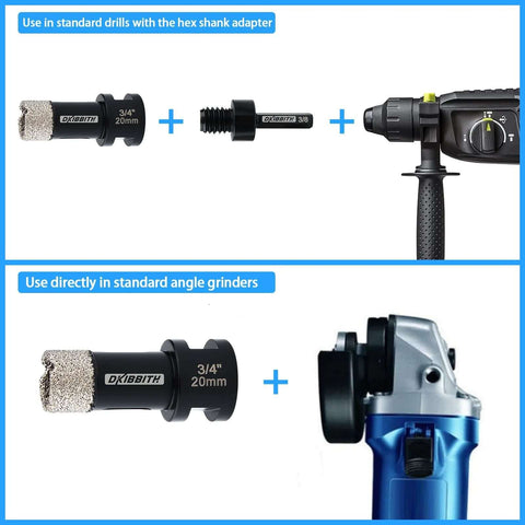 DKIBBITH 3/4 in diamond core tile drill bit, 20mm vacuum brazed, with hex shank adapter; shown with drill and grinder