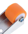Heavy Duty 2 Pack Sliding Door Rollers For Wood Barn Tracks And Closet Cabinets With Nylon Wheels and Reinforced Steel Brackets close-up of orange roller wheel and steel bracket.
