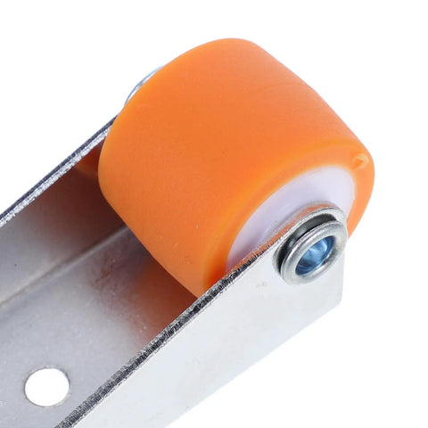 Heavy Duty 2 Pack Sliding Door Rollers For Wood Barn Tracks And Closet Cabinets With Nylon Wheels and Reinforced Steel Brackets close-up of orange roller wheel and steel bracket.
