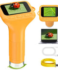 Portable Handheld Digital Microscope For Kids With 1000x Magnification Crystal Clear 1080p Images On A Two Inch IPS Screen Plug And Play USB Connection Easy To Use For Curious Minds To Explore The Micro World, orange handheld unit with USB cable