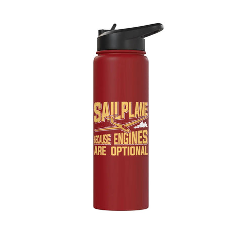 Red insulated stainless steel water bottle for sailplane pilots, durable hydration gear with printed text, leak-proof straw lid.