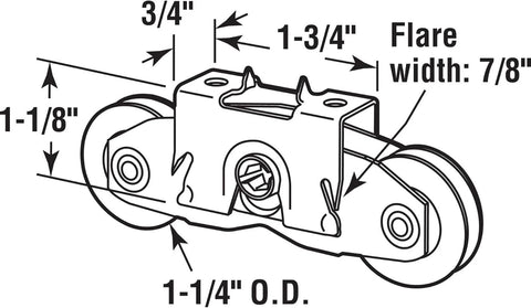 Diagram of Two Pack 1-1/4 Inch Heavy Duty Gliding Patio Door Tandem Rollers Replacement Wheels showing dimensions.