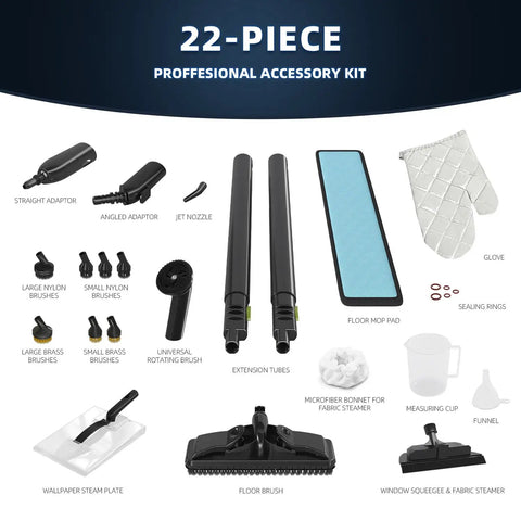 22-piece accessory kit for Heavy Duty Canister Steam Cleaner For Home 1500 Watt High Temp Steam Engine including brushes and adapters.