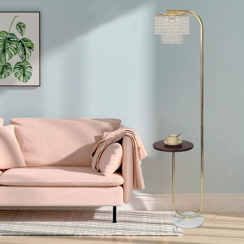Arc Crystal Floor Lamp With Marble Base And Integrated Table Chrome Standing Light For Living Room Over The Couch