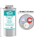 40 Plus 5 MFD AC Run Start Capacitor 370V 440V 50 60Hz CBB65B with size dimensions and terminal view shown