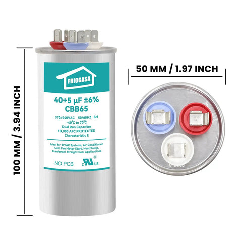40 Plus 5 MFD AC Run Start Capacitor 370V 440V 50 60Hz CBB65B with size dimensions and terminal view shown