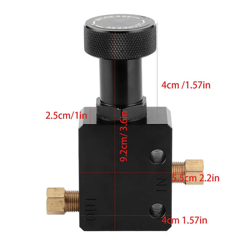 Adjustable Brake Proportioning Valve With Aluminum Alloy Housing And Two Connectors For Hot Rods And Muscle Cars Zero Slop Pedal Feel Tight pressure regulator with fittings in compact design.