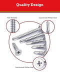 Close-up of assorted stainless steel self tapping screws showcasing fully threaded and countersunk Phillips head designs.