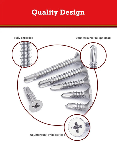 Close-up of assorted stainless steel self tapping screws showcasing fully threaded and countersunk Phillips head designs.