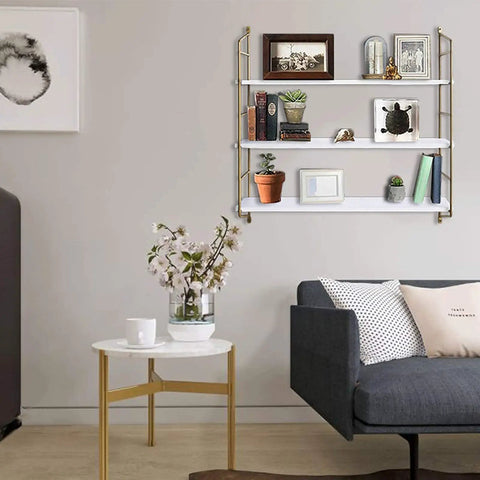 Gold Wall Shelf For Bathroom And Kitchen, Dope Floating Shelves For Living Room And Bedroom, 24 Inch Long, styled in a living room.