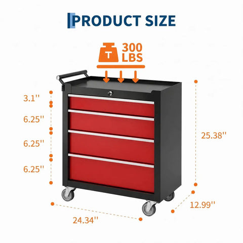 Badass Workhorse Rolling Tool Chest Heavy Duty Locking Casters Rock Solid Four Drawer Steel Organizer Pro Grade Portable Cabinet For Garage And Workshop Sleek Black Red Finish