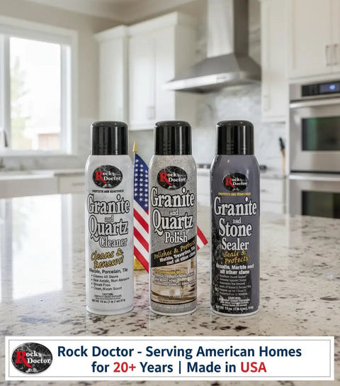 Stone Care Kit For Granite And Quartz 3 Piece Maintenance Set With Cleaner Sealer And Polish To Clean Seal And Renew Marble Travertine Tile And All Stone Surfaces Fresh Pack Of 3 54 Ounce Total on kitchen counter