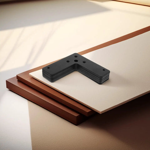 Black Stainless Steel L Shape Corner Brackets Pack Of Ten Heavy Duty Flat Angle Braces displayed on wood surface