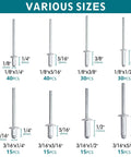 Aluminum Blind Rivet Kit, 200 Piece Assortment With 8 Size Varieties For Quick Repairs And Projects, shown in various sizes.
