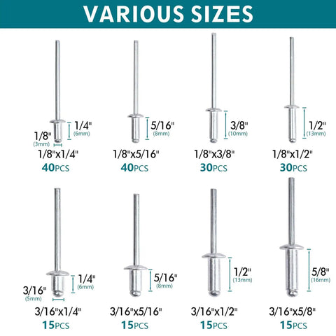 Aluminum Blind Rivet Kit, 200 Piece Assortment With 8 Size Varieties For Quick Repairs And Projects, shown in various sizes.